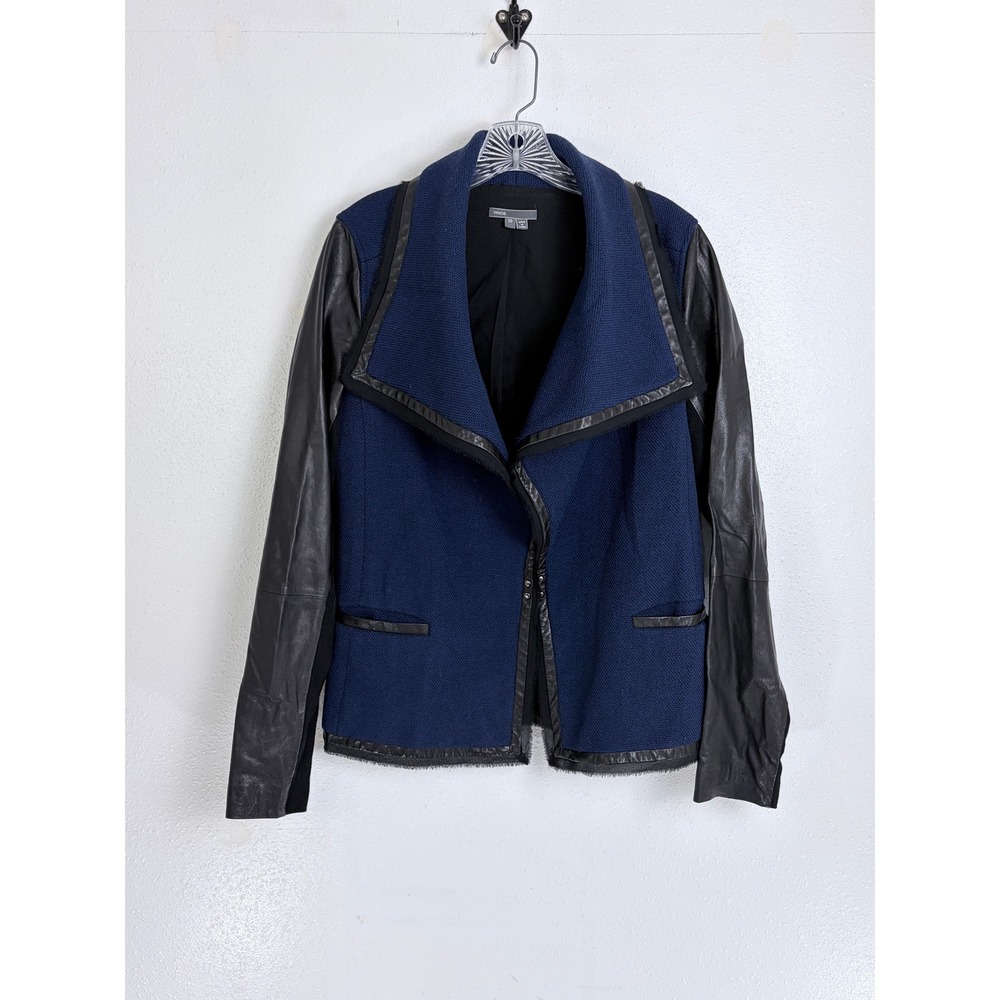 Vince Mixed Media Jacket Navy Wool Leather Sleeve Draped Front Size 10